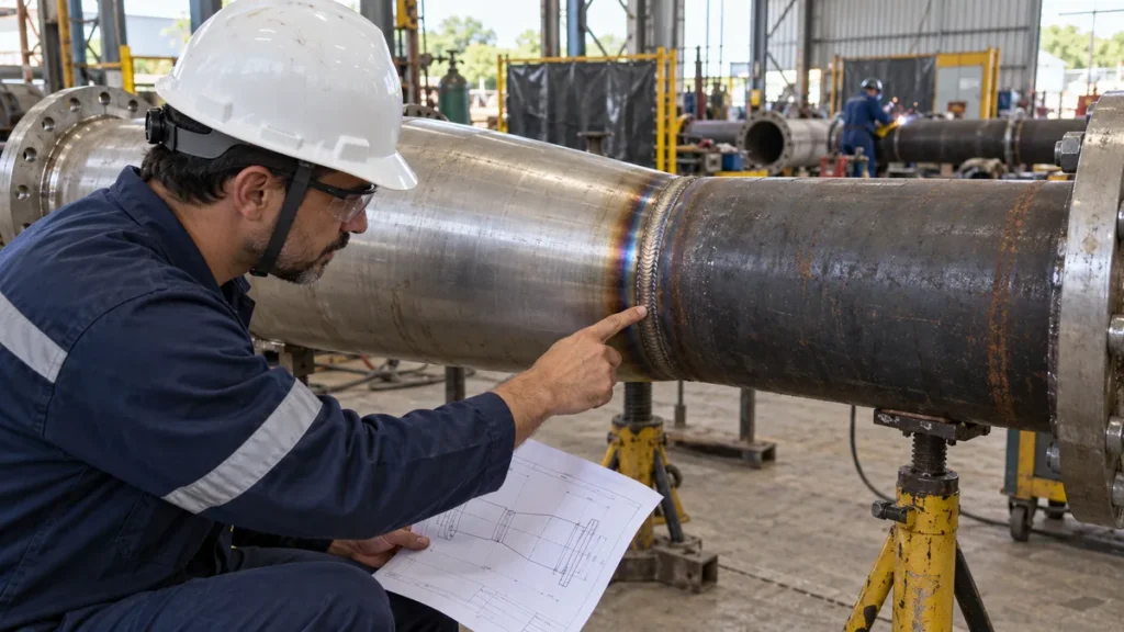 Inspetor avalia solda de transição entre aço inoxidável e aço carbono em tubulação, ilustração