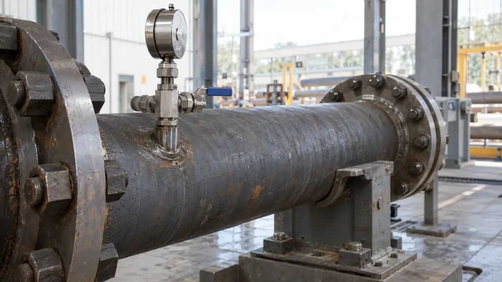 Trecho de tubulação industrial com instrumento e válvula instalados