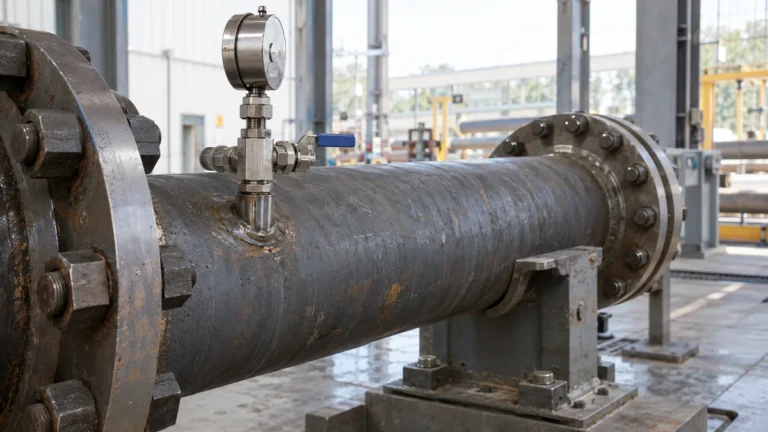 Trecho de tubulação industrial com instrumento e válvula instalados