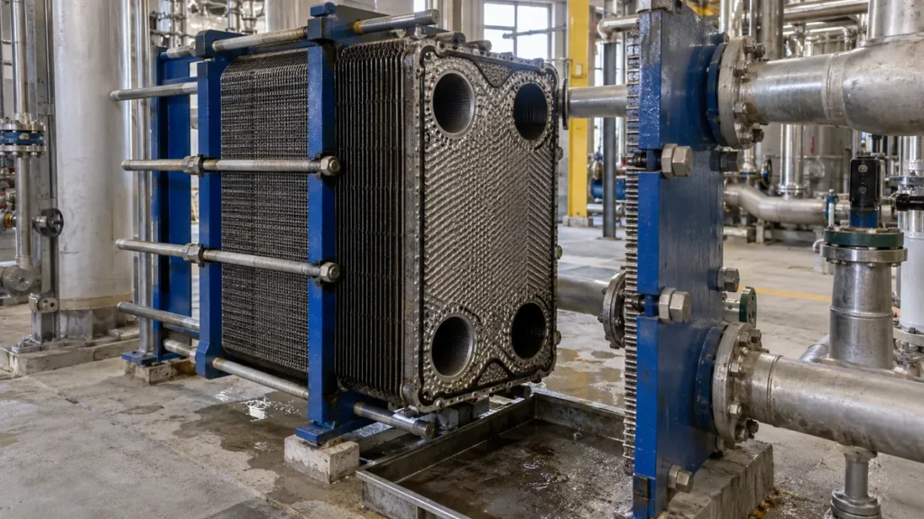 Trocador de calor de placas aberto para avaliacao de acesso e condicao interna em area industrial