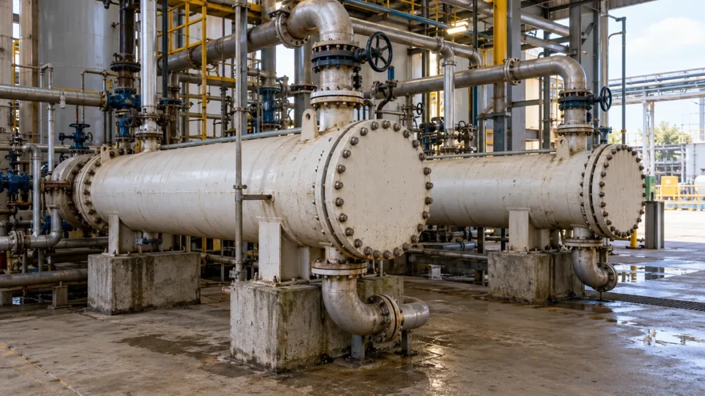 Dois trocadores de calor industriais instalados em paralelo, em imagem ilustrativa