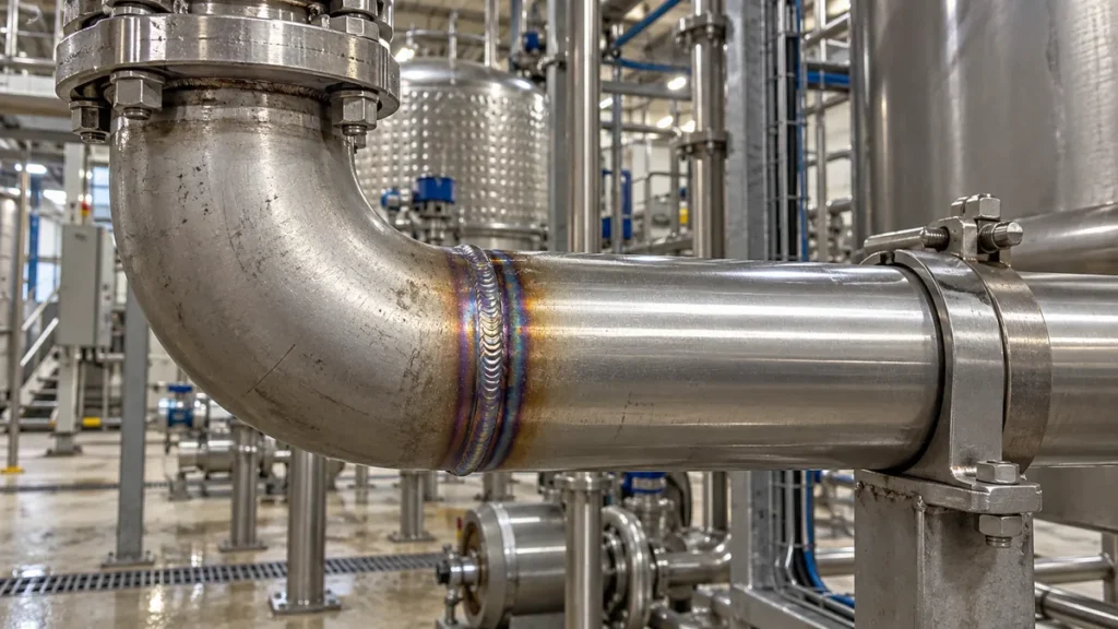 Solda recente em tubulação de aço inox industrial