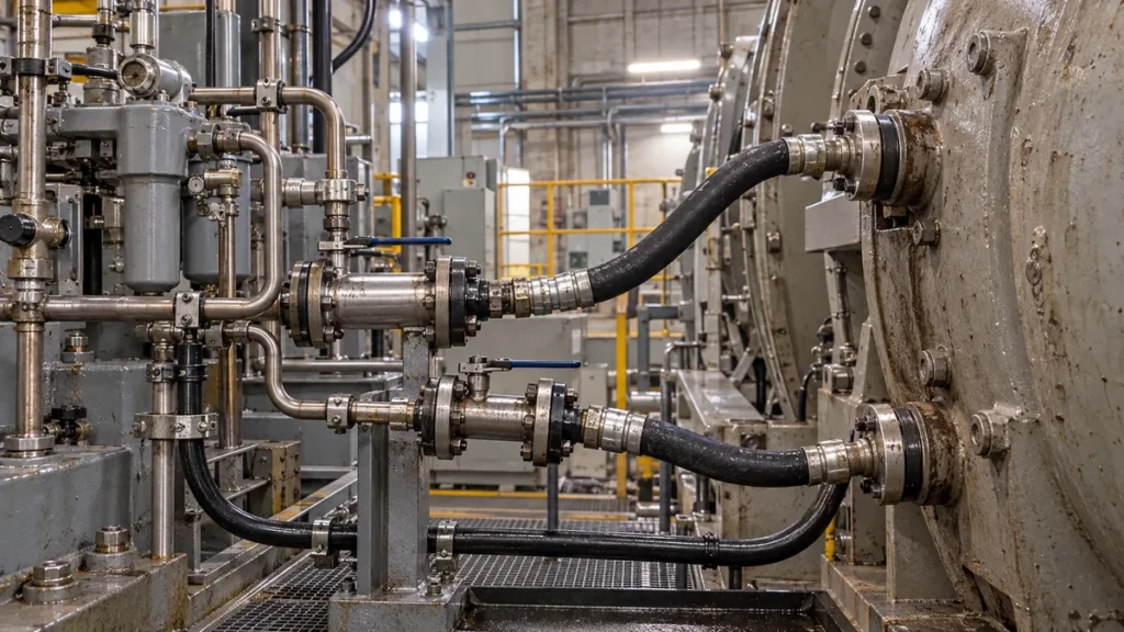 Linhas de óleo de lubrificação ao lado de turbina industrial