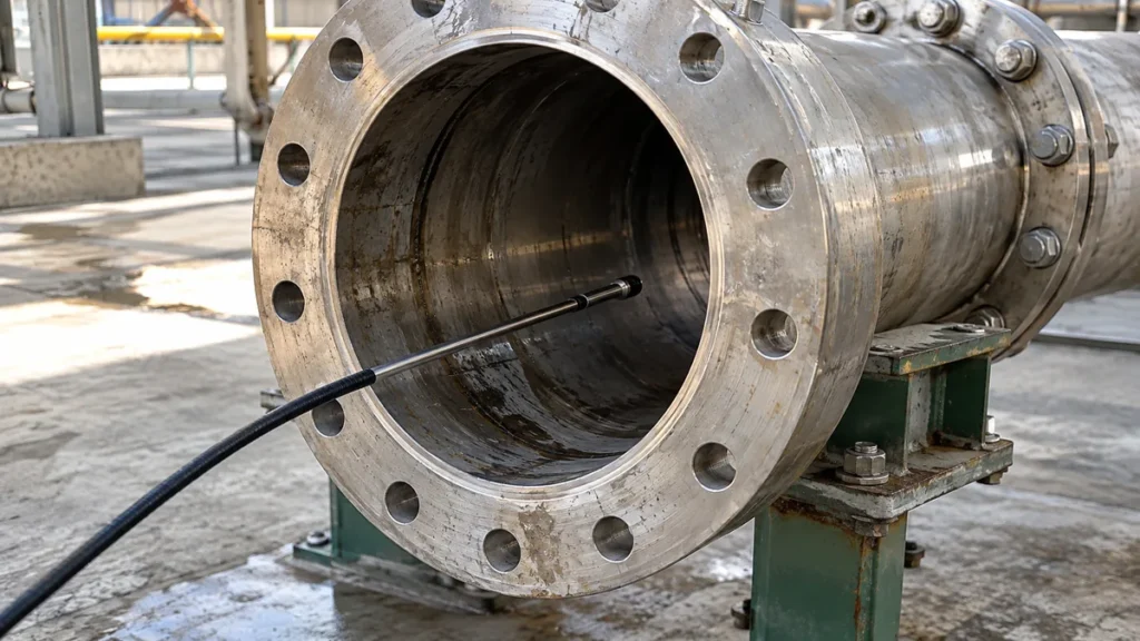 Sonda de videoboroscopia em tubulação industrial aberta para inspeção interna